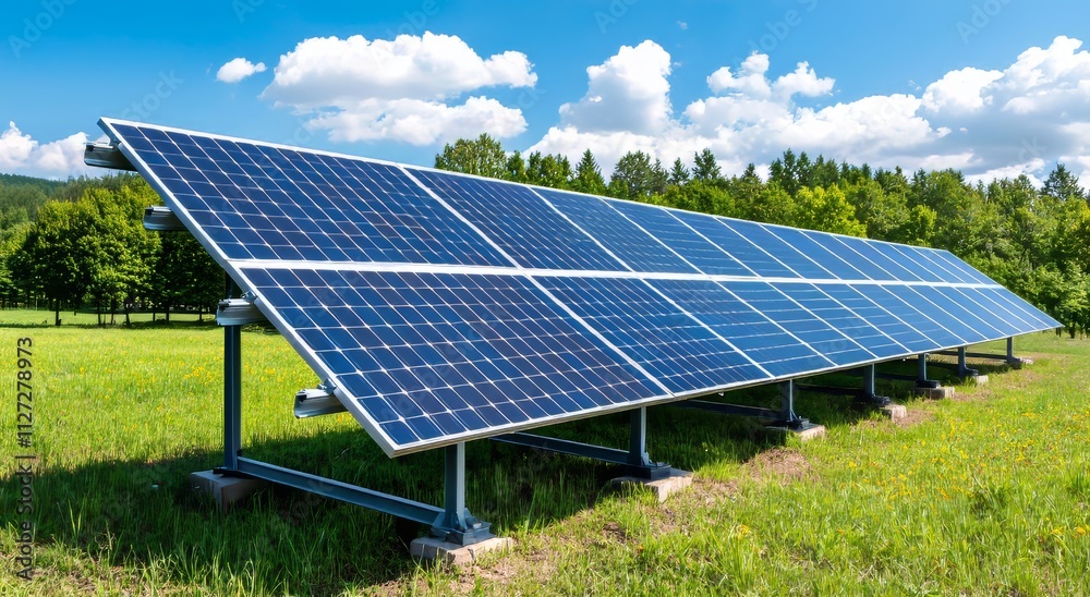 As the sun sets, solar panels on a rooftop, colored blue, produce environmentally friendly electricity. This illustrates the idea of generating renewable energy. As the sun sets, solar panels on a rooftop, colored blue, produce environmentally friendly electricity. This illustrates the idea of generating renewable energy.