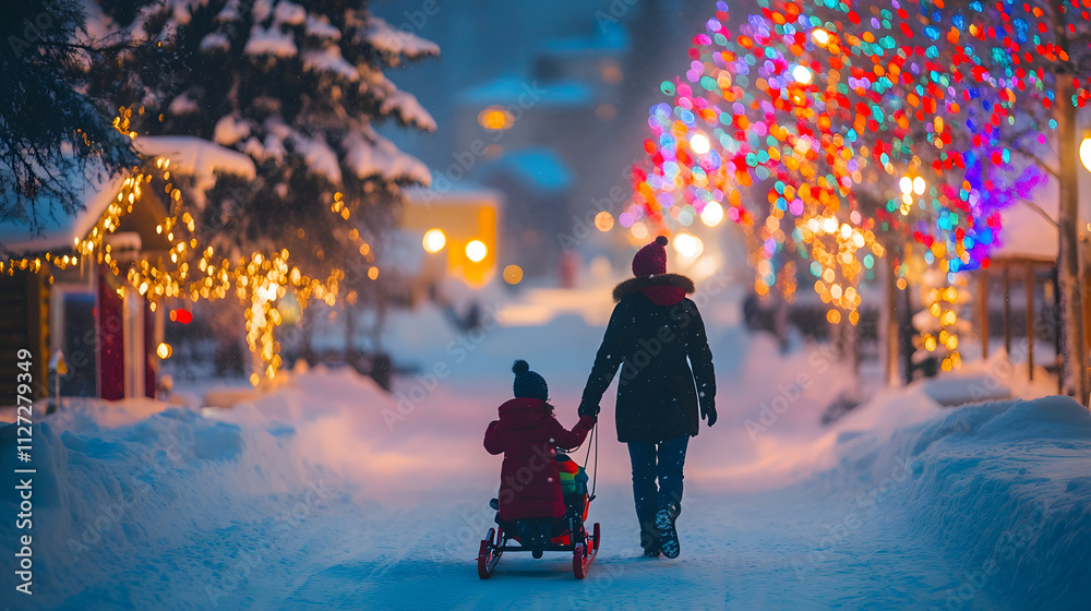 A parent pulling a child on a sled through a snowy village with colorful lights in the background.