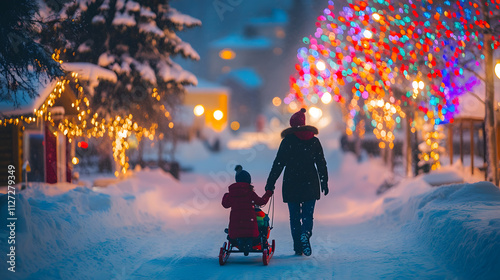 Obraz na płótnie A parent pulling a child on a sled through a snowy village with colorful lights in the background. w salonie