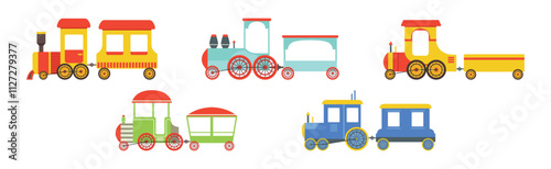 Cute Train Toy with Wagon and Chimney Vector Set