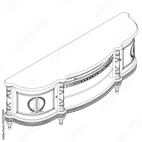 Elegant antique sideboard furniture and home interior decorations in trendy vintage retro style. Modern hand drawn black sketch vector illustrations isolated on white background