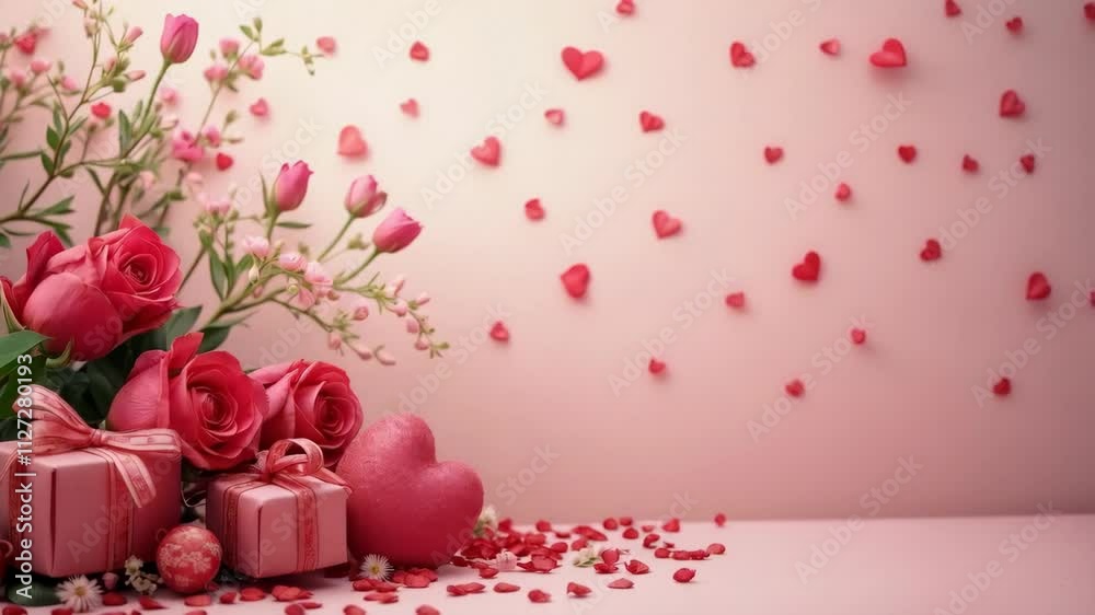 A pink background with a bunch of roses and hearts. The roses are in a vase and the hearts are scattered around the background. There are two pink boxes on the right side of the image