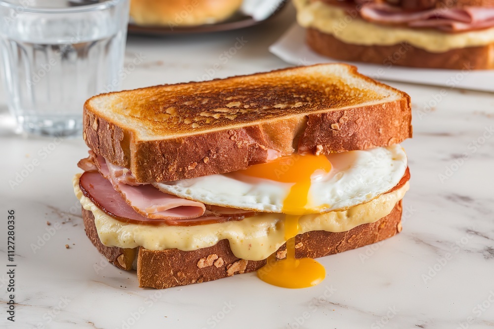 A photo of a delicious sandwich with melted cheese, ham, and a sunny-side-up egg A photo of a delicious sandwich with melted cheese, ham, and a sunny-side-up egg