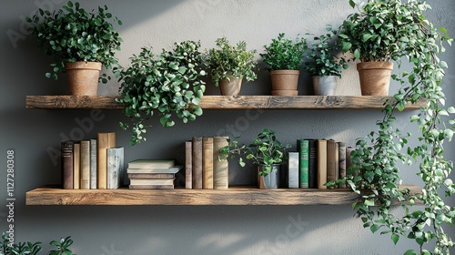 A bookshelf adorned with plants, perfect for modern virtual office backgrounds, studio backdrops, or as a large print on a back wall: Stock.