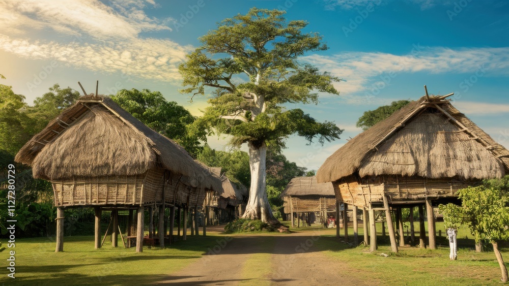 An area with huts with thatched roofs rising on stilts, against a background of green hills and a blue sky with clouds. There is a tall tree in the center, emphasizing the beauty of the landscape. An area with huts with thatched roofs rising on stilts, against a background of green hills and a blue sky with clouds. There is a tall tree in the center, emphasizing the beauty of the landscape.