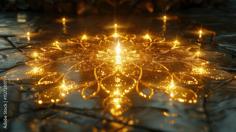Golden mandala pattern with glowing lights on wet stone surface. Golden mandala pattern with glowing lights on wet stone surface.