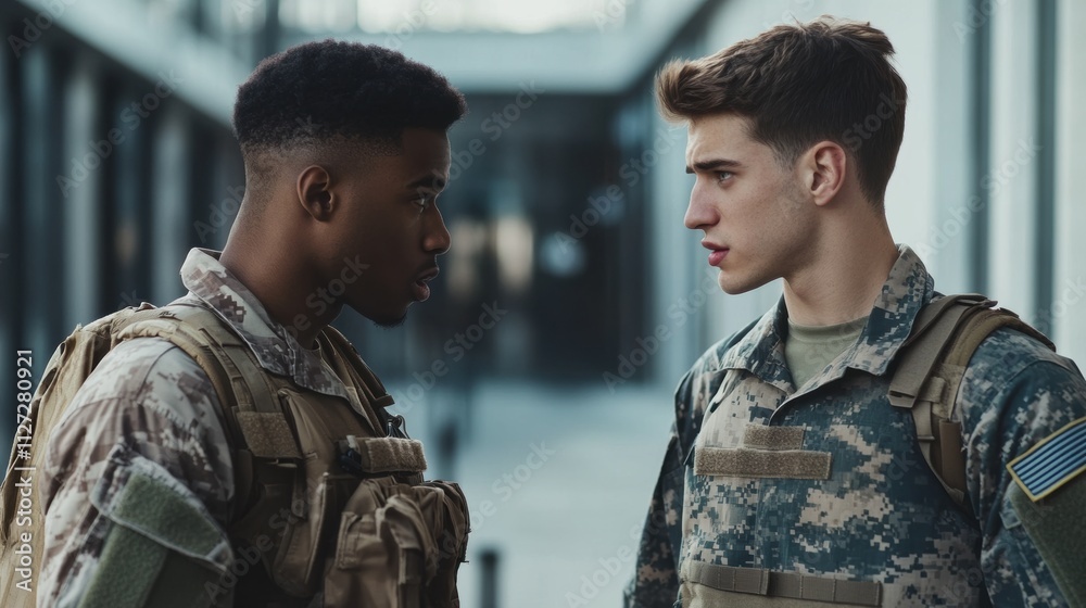 Fototapeta premium Two soldiers in conversation outside military building