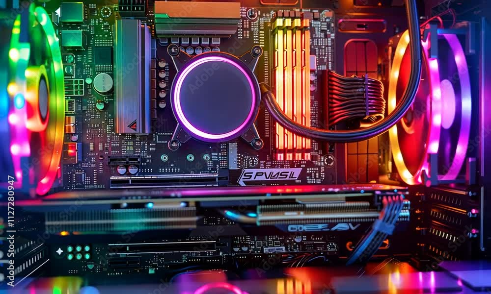 Vibrant RGB-lit computer interior showcasing motherboard, CPU cooler, RAM, and graphics card.