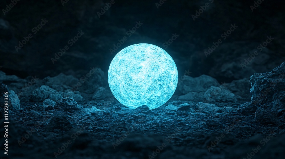 Fototapeta premium Fantasy concept. Glowing blue sphere illuminating a dark, textured surface.