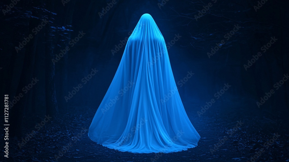 Fantasy concept. Ethereal blue figure shrouded in misty darkness. Fantasy concept. Ethereal blue figure shrouded in misty darkness.