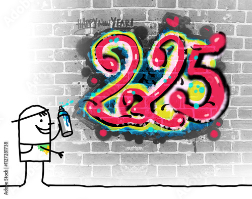 Cartoon Painter Boy and Fresh 2025 Graffiti on a Wall
