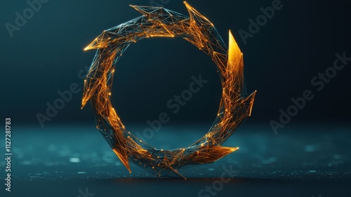 Golden circular emblem with sharp edges and glowing particles against a dark background.