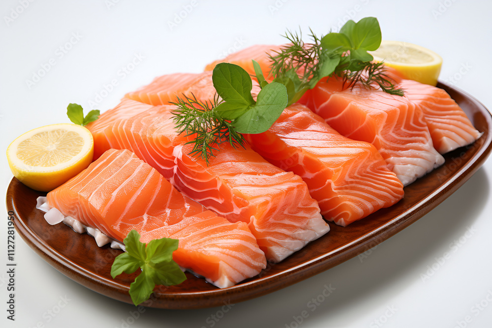 Fresh salmon slices with herbs and lemon on plate Fresh salmon slices with herbs and lemon on plate