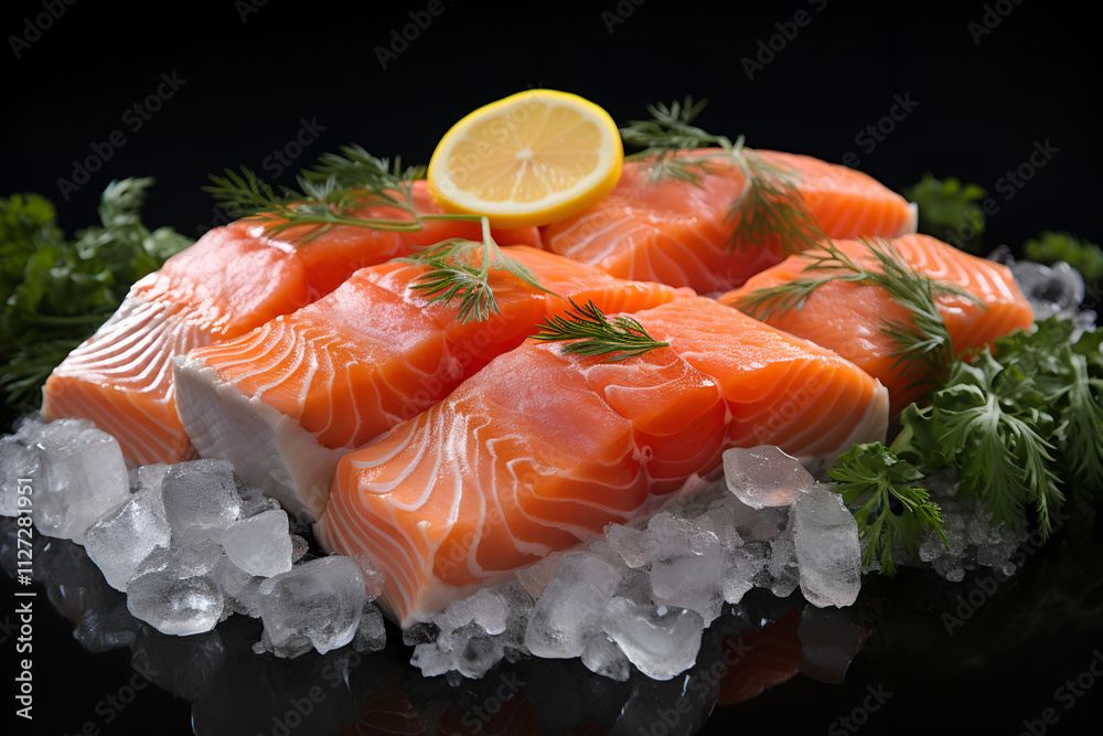 Fresh salmon fillets on ice with lemon and herbs Fresh salmon fillets on ice with lemon and herbs