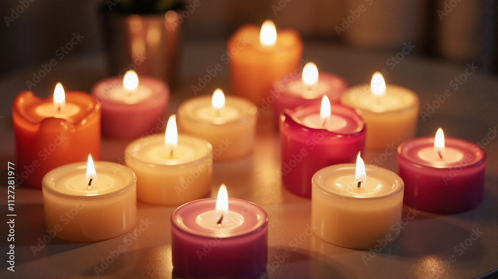 Multiple candles glowing in a dark, serene setting for cancer awareness Multiple candles glowing in a dark, serene setting for cancer awareness