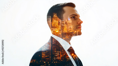 Businessman's profile with city lights overlaid in nighttime portrait