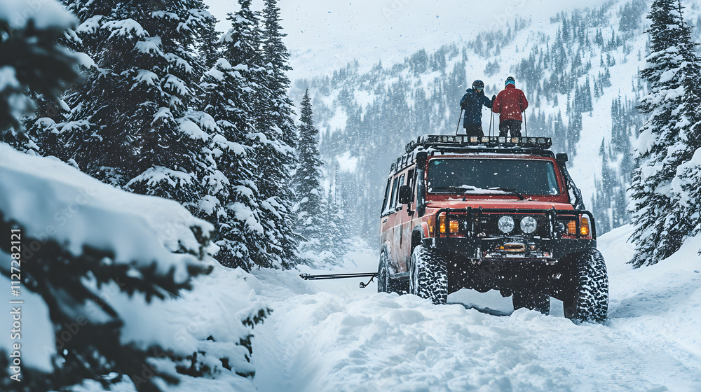 A rugged off-road vehicle towing a skier over a bumpy snow-covered trail in the mountains.