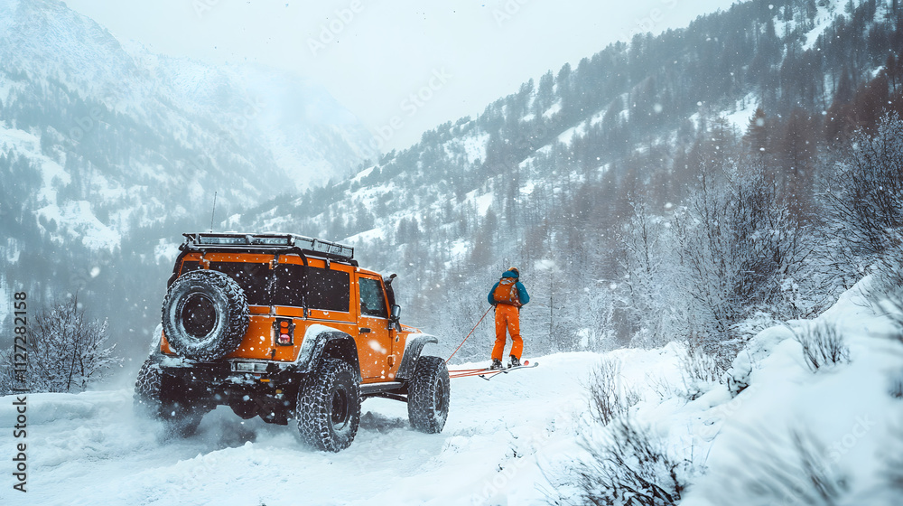 A rugged off-road vehicle towing a skier over a bumpy snow-covered trail in the mountains.