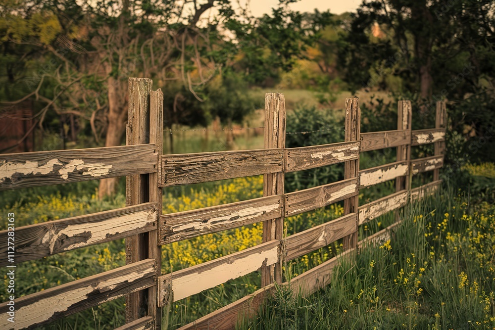 A photo of an old, weathered wooden plank fence with peeling paint and visible knots and grains A photo of an old, weathered wooden plank fence with peeling paint and visible knots and grains