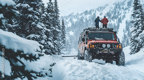 Obraz na płótnie A rugged off-road vehicle towing a skier over a bumpy snow-covered trail in the mountains. w salonie