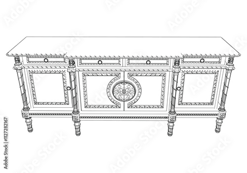 Elegant antique sideboard furniture and home interior decorations in trendy vintage retro style. Modern hand drawn black sketch vector illustrations isolated on white background