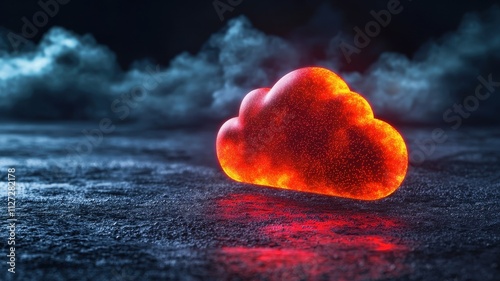 A glowing red cloud with a reflective surface amid dark fog.