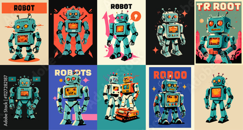 Robots poster cover design. Vector banner,big set and collection of watercolor greeting and template cards. Bright and dark modern illustrations. Technology, robotics, robots, artificial intelligence.