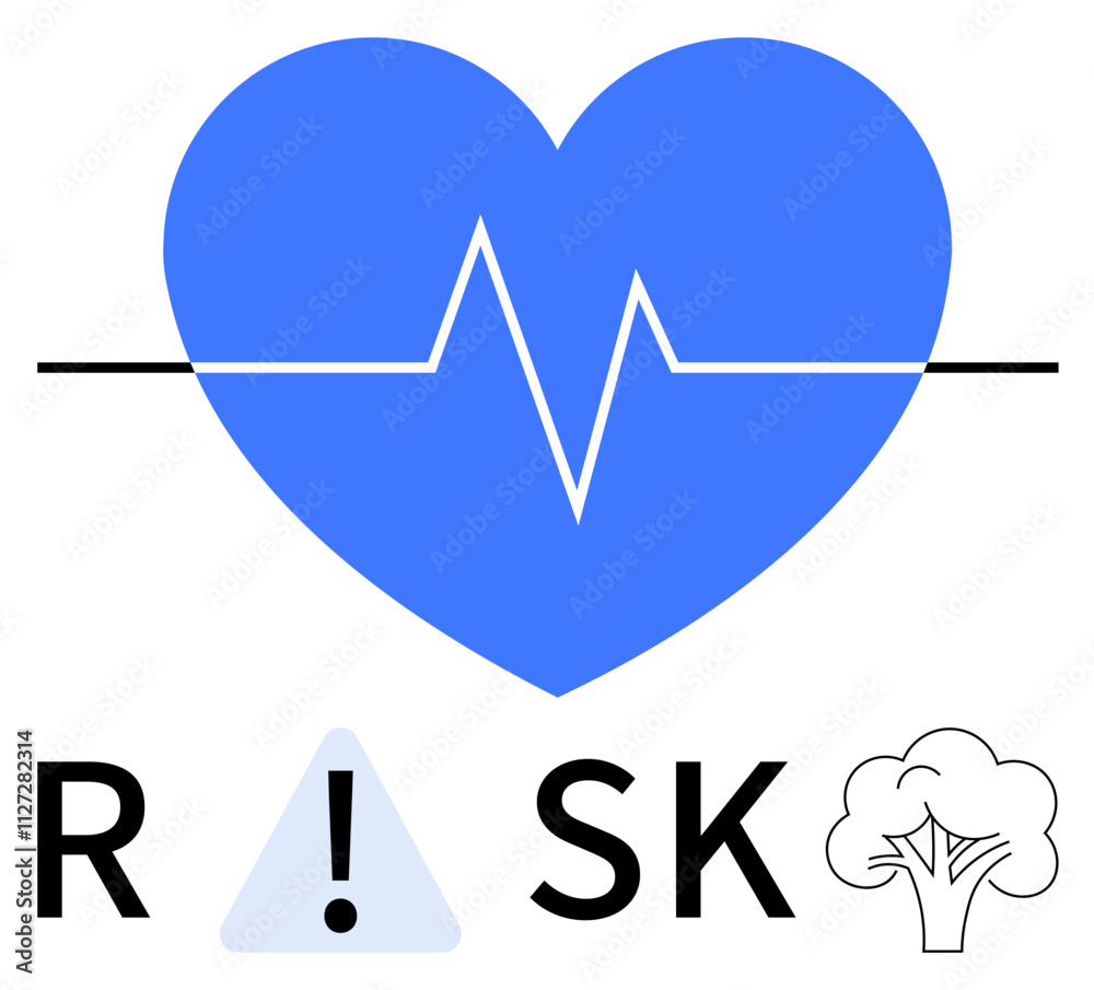 Blue heart with ECG line, blue warning triangle with exclamation mark between letters R and SK, tree symbol at end. Ideal for health, risk management, environment, warning, medical, sustainability Blue heart with ECG line, blue warning triangle with exclamation mark between letters R and SK, tree symbol at end. Ideal for health, risk management, environment, warning, medical, sustainability