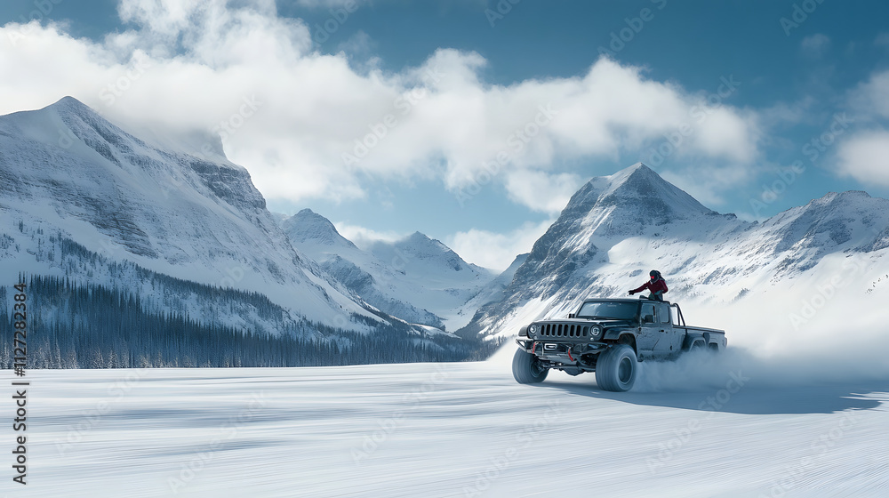 A rugged truck pulling a skier across a snow-covered mountain plateau at high speed.