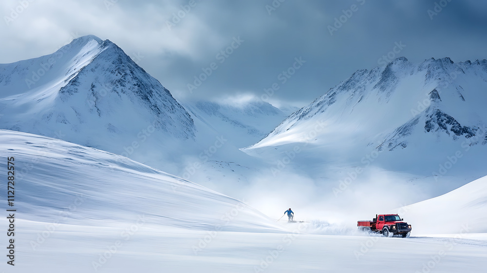 A rugged truck pulling a skier across a snow-covered mountain plateau at high speed.