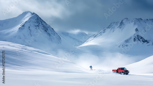 Obraz na płótnie A rugged truck pulling a skier across a snow-covered mountain plateau at high speed. w salonie