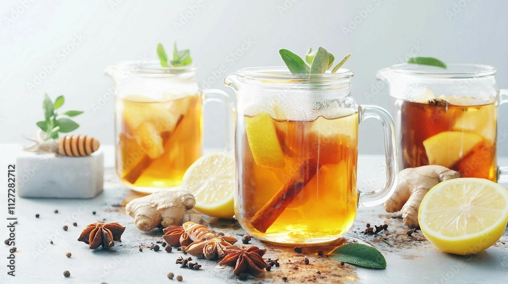 Refreshing Herbal Tea with Ginger, Lemon, and Spices in Glass Jars Refreshing Herbal Tea with Ginger, Lemon, and Spices in Glass Jars