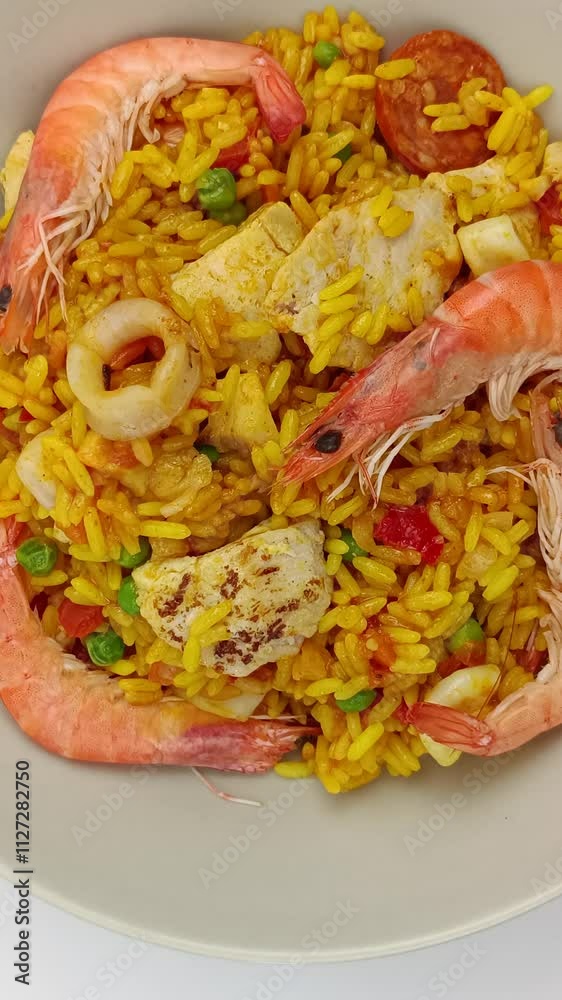 assiette de paella, vue du dessus, en gros plan