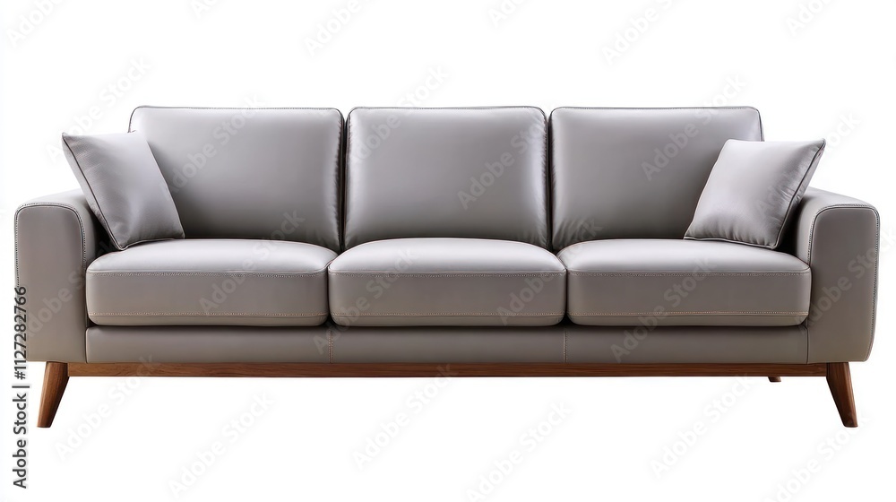 Modern light grey leather sofa with wooden legs and two pillows. Modern light grey leather sofa with wooden legs and two pillows.