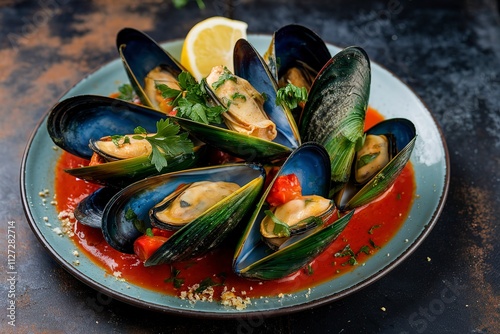 A photo of large green mussels cooked in a tomato sauce with garlic