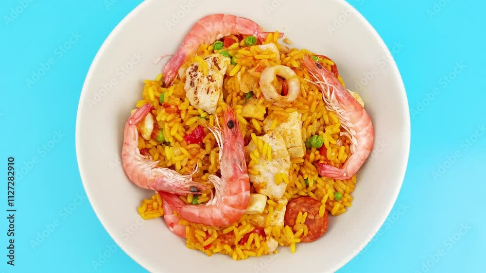assiette de paella, vue du dessus, en gros plan