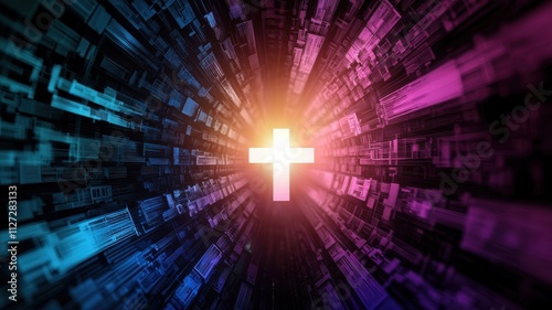 Bright cross illuminated in a colorful, abstract digital background.