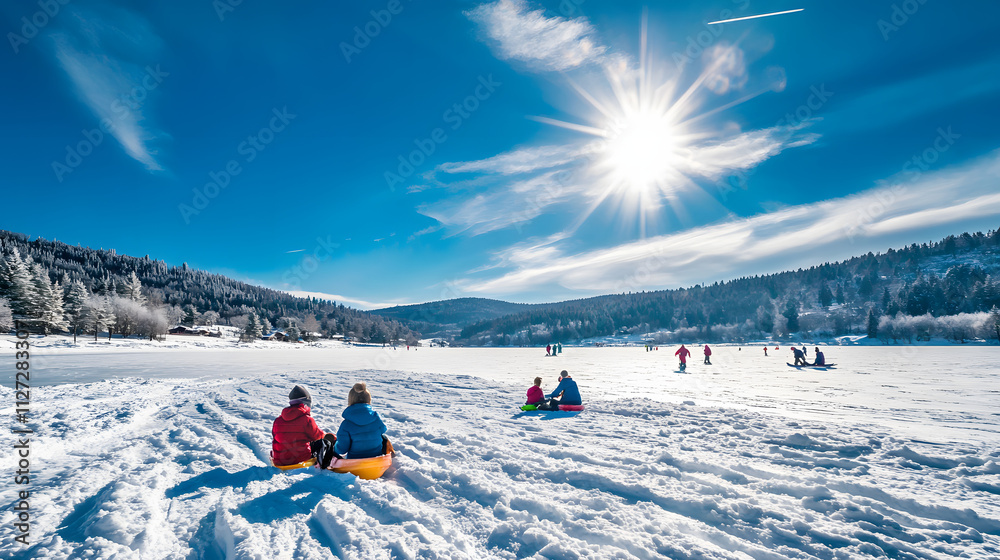 A scenic view of children sledding near a frozen lake under a bright blue sky.