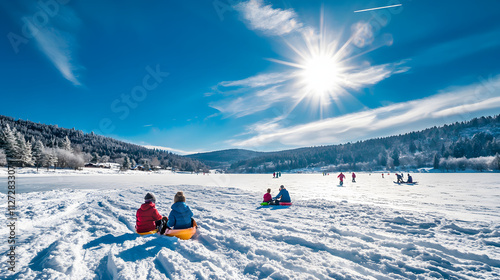 Obraz na płótnie A scenic view of children sledding near a frozen lake under a bright blue sky. w salonie