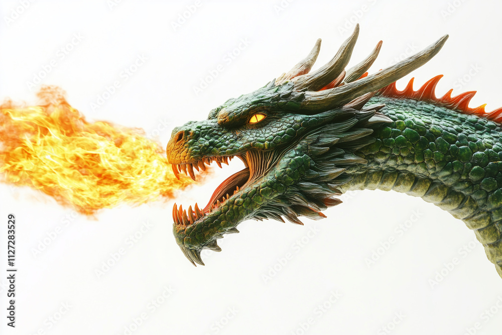 dragon with fire coming out of its mouth. The dragon is green and has a fiery red tongue dragon with fire coming out of its mouth. The dragon is green and has a fiery red tongue