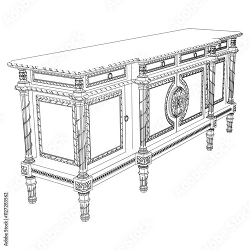 Elegant antique sideboard furniture and home interior decorations in trendy vintage retro style. Modern hand drawn black sketch vector illustrations isolated on white background