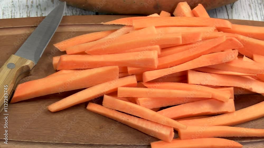 frites crues de patates douces, en gros plan