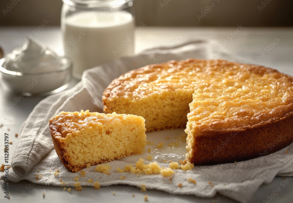 Moist Homemade Cornbread with a Slice Cut Out, Surrounded by Creamy Milk and Whipped Cream on a Light Colored Background Moist Homemade Cornbread with a Slice Cut Out, Surrounded by Creamy Milk and Whipped Cream on a Light Colored Background