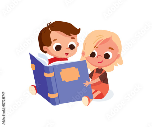 Cute boy and girl baby sitting on the floor and reading book, leaning to read, magazine with pleasure and curiosity. Reading for fun and dreaming sitting on floor. Isolated vector illustration.