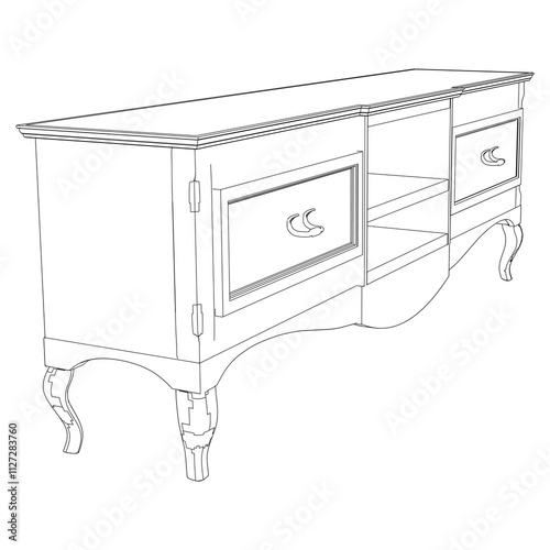 Elegant antique sideboard furniture and home interior decorations in trendy vintage retro style. Modern hand drawn black sketch vector illustrations isolated on white background