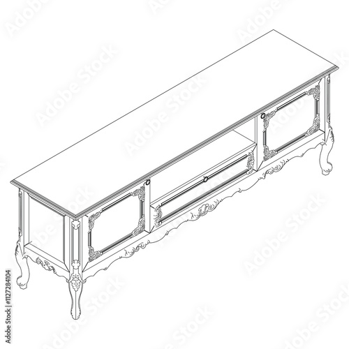 Elegant antique sideboard furniture and home interior decorations in trendy vintage retro style. Modern hand drawn black sketch vector illustrations isolated on white background