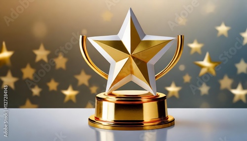 Gold Five Star Rating Trophy Success Award Symbol A Stunning D Representation of Achievement and Excellence in Performance, Recognizing Outstanding Accomplishments and Dedication to Quality. photo