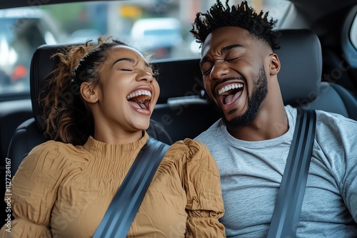 A joyful couple laughing heartily in a car, sharing a fun moment together. Their happiness radiates, capturing the essence of love and connection during a road trip.