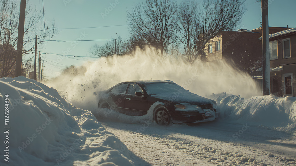 A sedan slowly sliding sideways into a snowbank its summer tires unable to grip the icy surface.