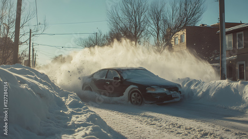 Obraz na płótnie A sedan slowly sliding sideways into a snowbank its summer tires unable to grip the icy surface. w salonie